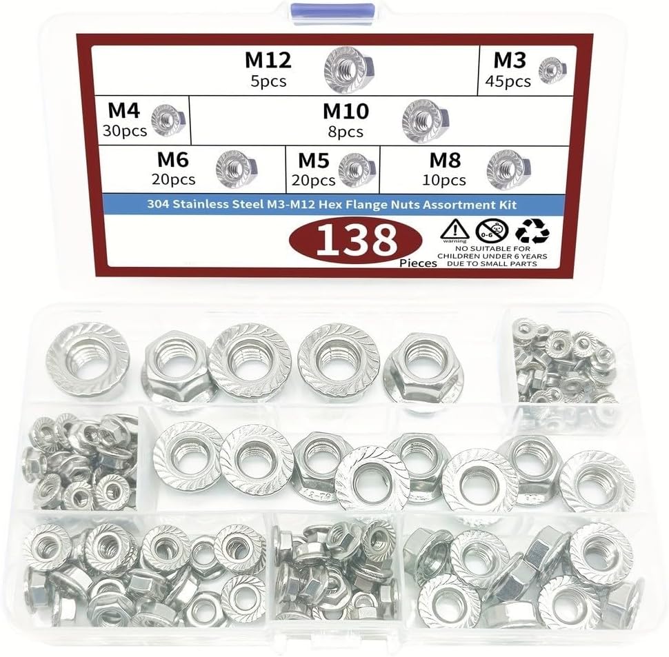 138PCS 304 Steel Hex Flange Nuts Kit M5 M6 M8 M10, DIN 6923 Serrated Assortment Set Secure Anti-Slip Fastening in Home Garden
