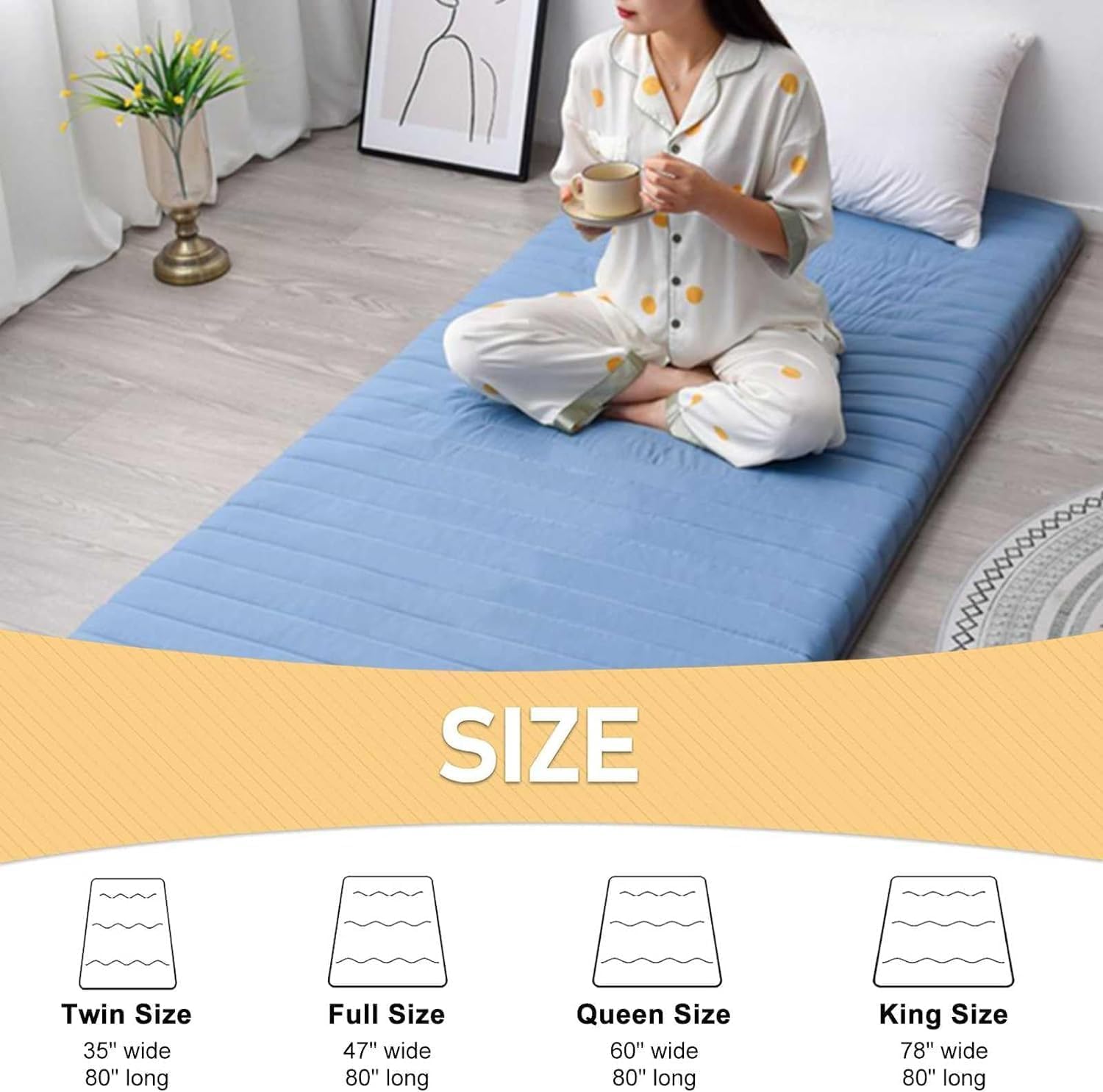 Matelas De Sol Simple avec Sac De Rangement sous Vide Réutilisable - Tapis De Tatami Japonais Matelas Futon en Coton Roulable Lit D'appoint Pliable Dortoir étudiant (90x190CM,Bleu)