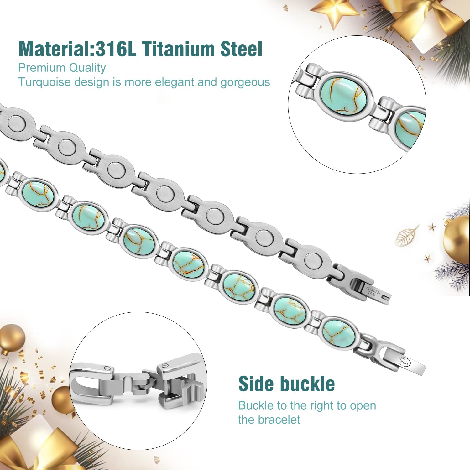 Bracelet magnétique pour femme turquoise, élégant bracelets magnétiques en pierre bracelet fermoir en acier inoxydable bracelet magnétique pour femme 3500 gauss