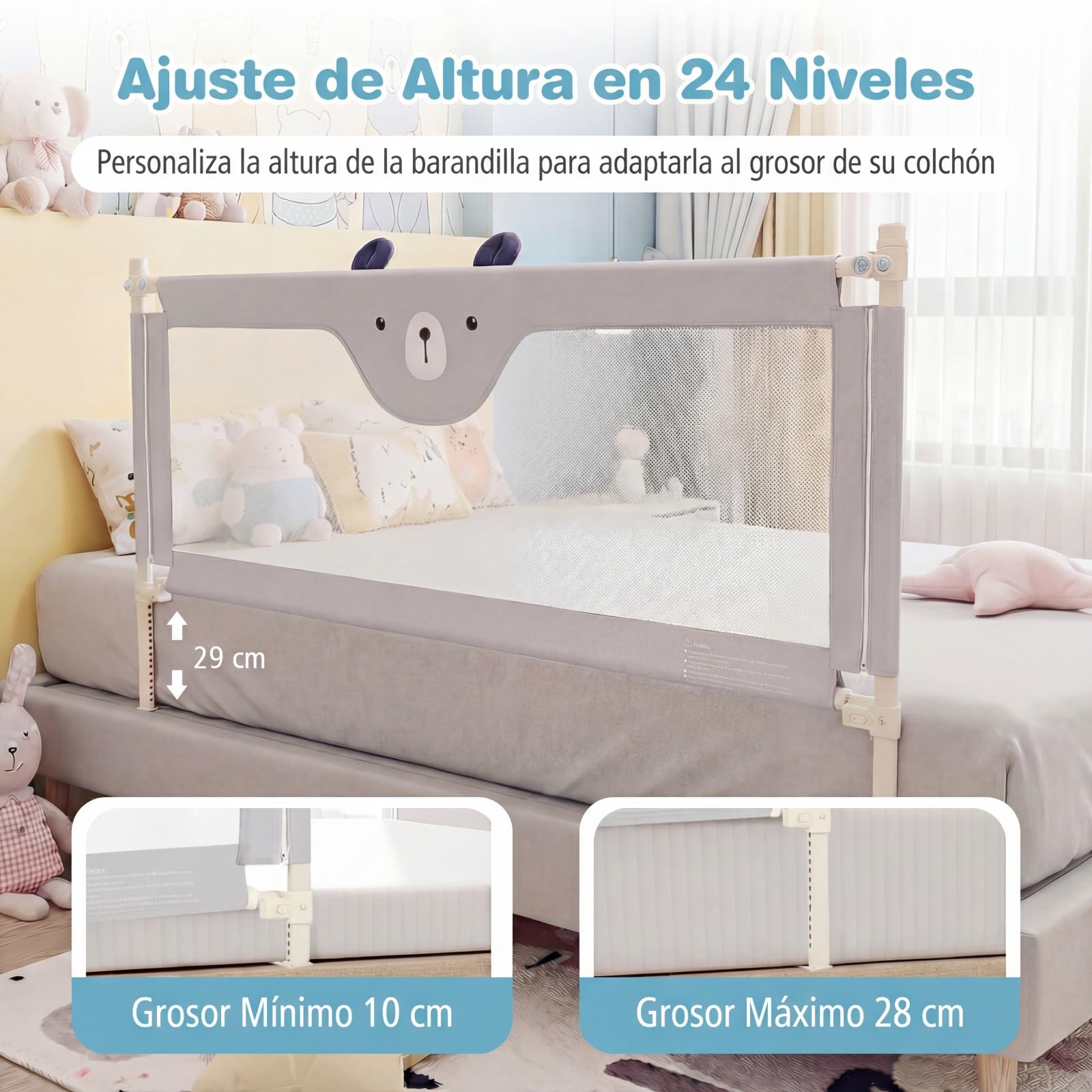 COSTWAY 180 cm Barrera Seguridad Niños, Barrera Cama para Bebé con Cremallera, Altura Regulable 72,5-101,5 cm, Protector de Cama para Niños, Barandilla de Seguridad con Diseño Animado (Estilo 2)
