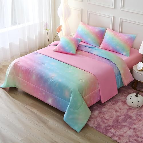Miniatura 4 de JQinHome Juego de ropa de cama con purpurina, tamaño individual, ropa de cama de 6 piezas en una bolsa, juego de edredón 3D colorido arco iris