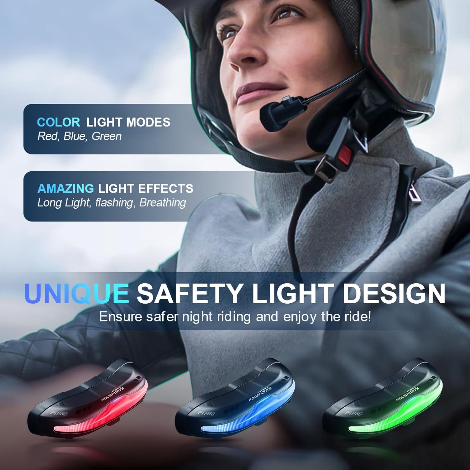 Fodsports F1 PRO headset displaying red, blue, and green safety light colors