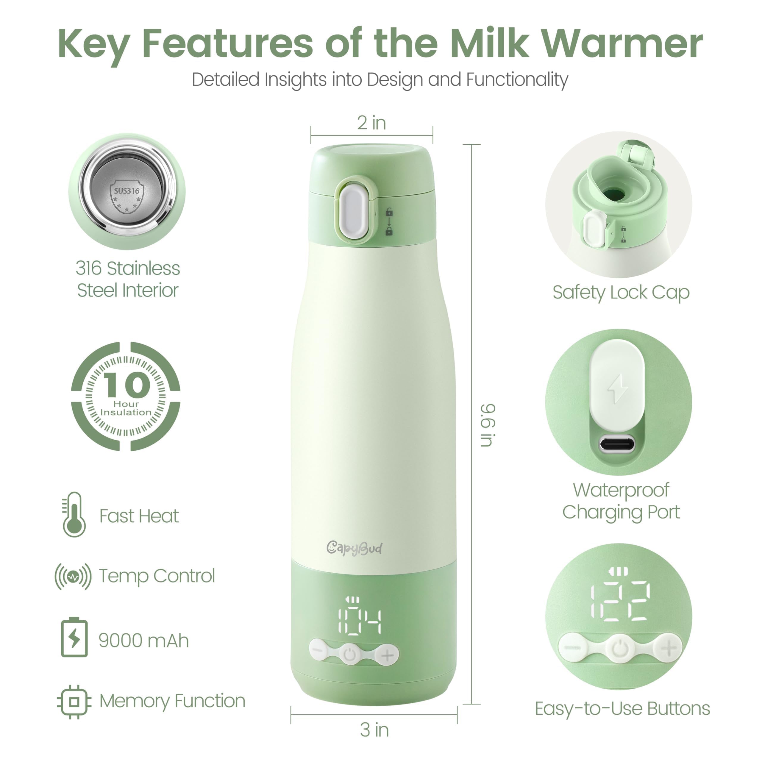 Chauffe-biberon portable pour voyage, chauffe-biberon à chauffage rapide de 3 minutes pour lait maternel et eau, chauffe-lait de 340,2 g avec contrôle précis de la température et batterie