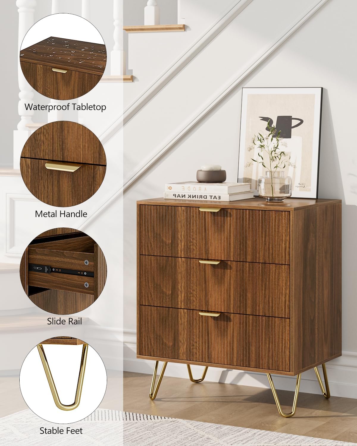Walnut Dresser for Bedroom, Modern Fluted 3 Drawer Dresser with Storage, Dresser Chest of Drawers with Gold Handles for Bedroom, Living Room, Closet, Hallway, 15.8" D x 23.6" W x 27.6" H