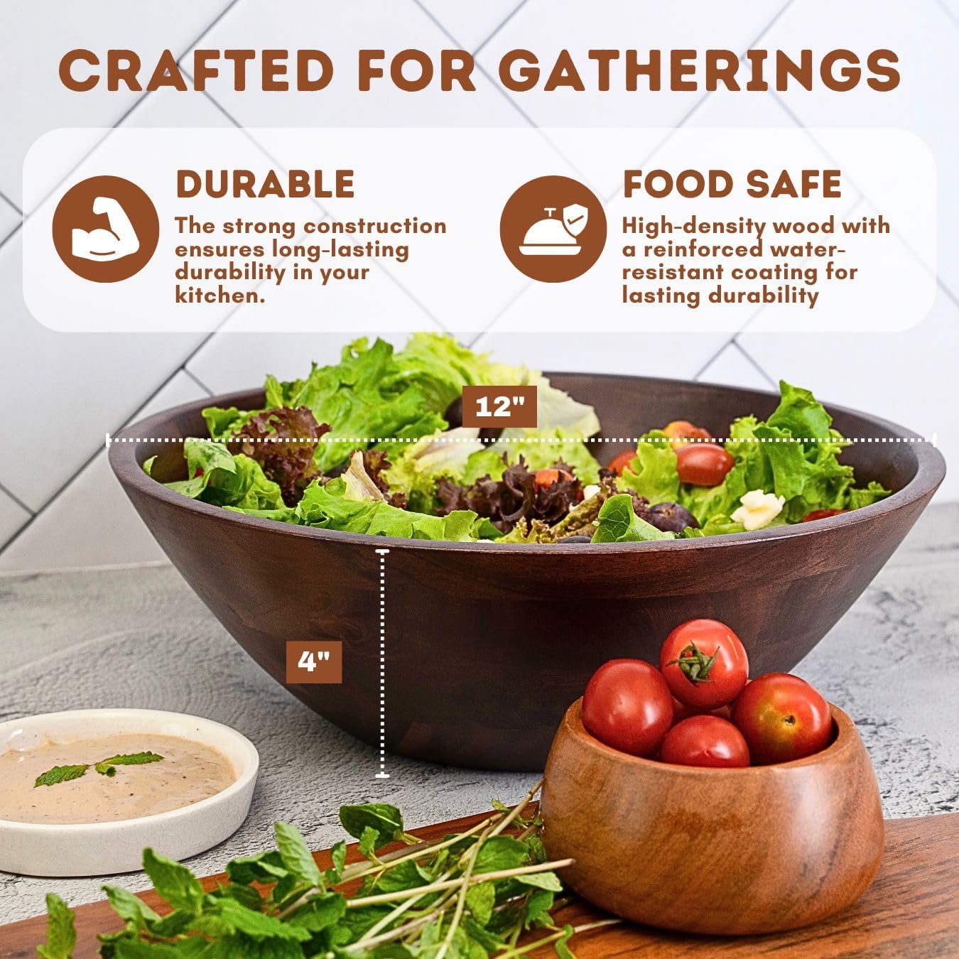 Luxe Designs 12" Dark Burnt Wooden Salad Bowl Set with Serving Utensils Eco-Friendly, Multipurpose Mixing & Serving Bowl for Salads, Pasta, Fruits & More – Durable & Stylish Kitchen Essential