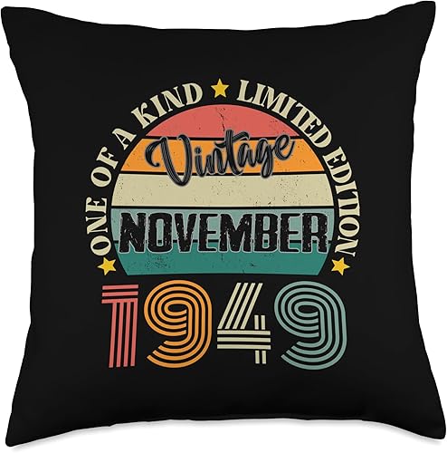 Vintage Birthday Retro Limited Edition Retro Gifts 75 Year Old Vintage November 1949 75th Birthday Retro Throw Pillow, 18x18, Multicolor