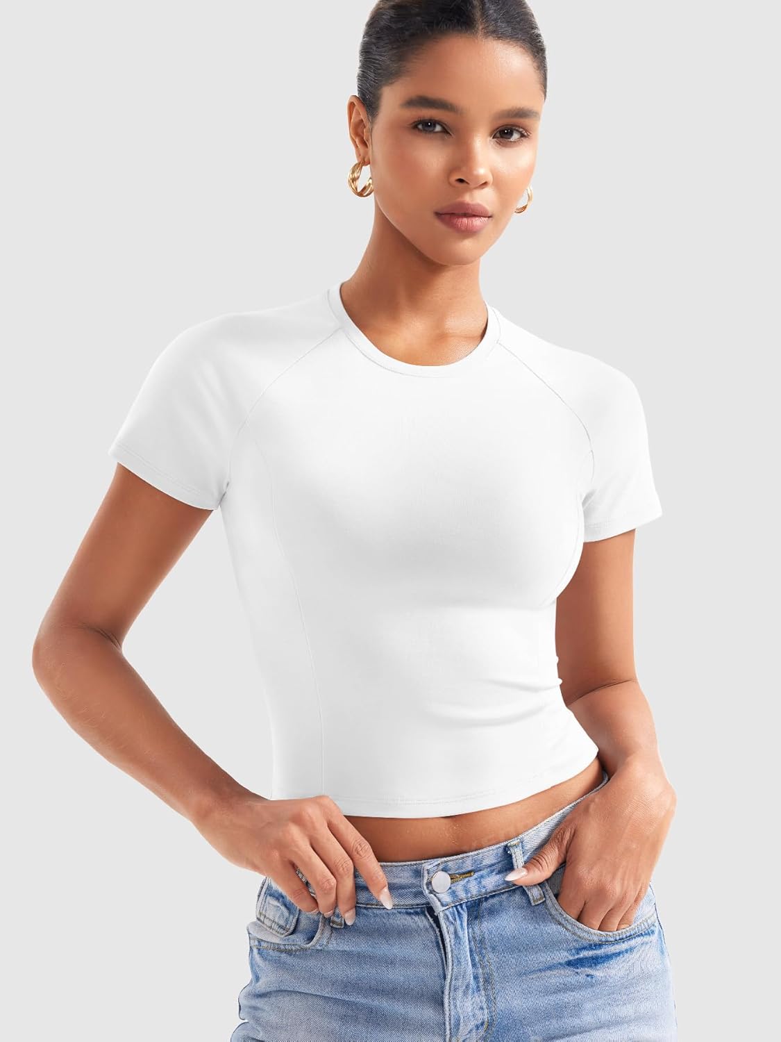 YEOREO Women Tops Baby T-Shirt Short Sleeve Crew Neck Going Out Crop Top Corriny Slim Fit Workout Basic Baby Tee - Image 3