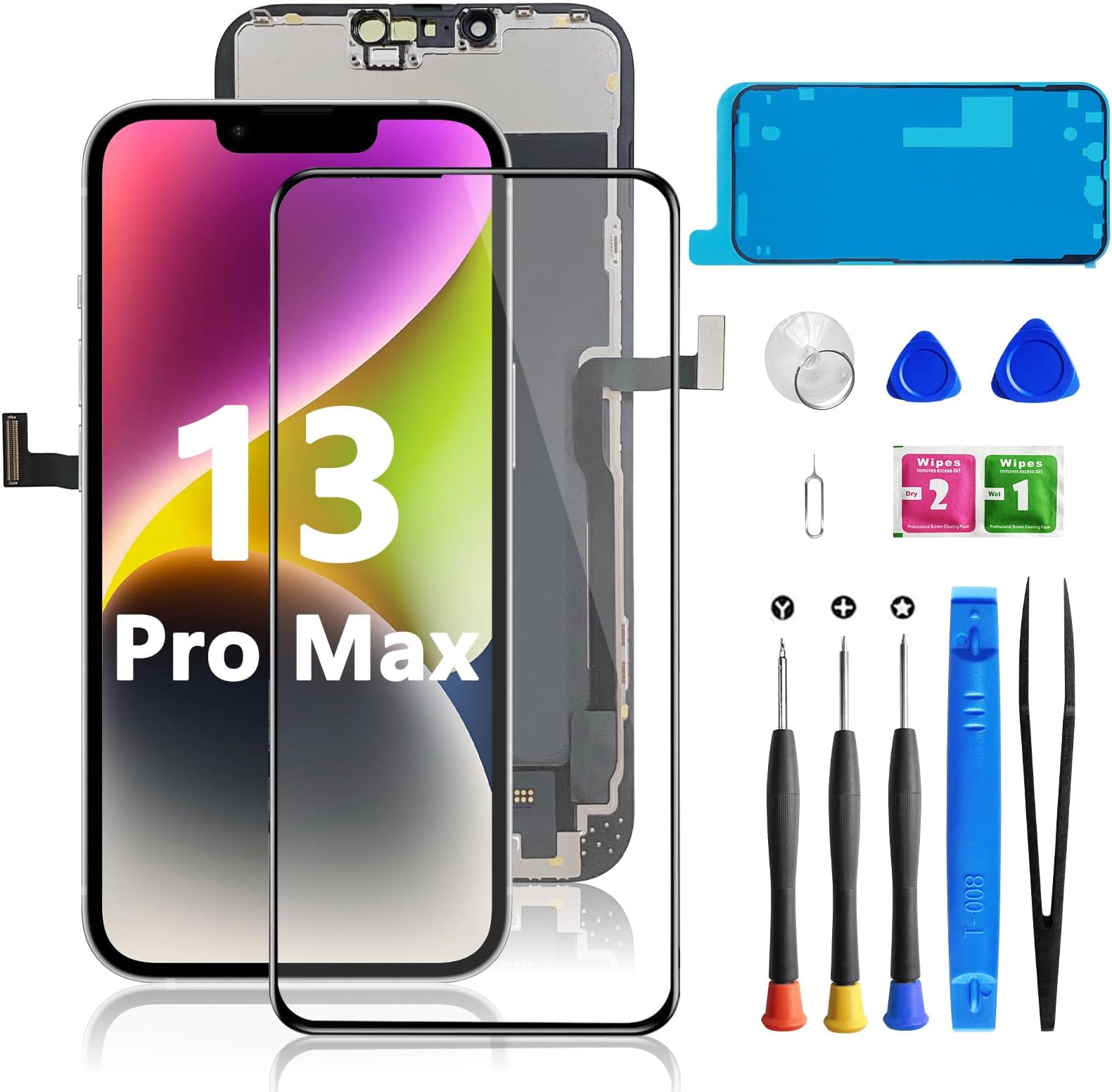 Bsz4uov for iPhone 13 Pro Max Screen Replacement 6.7 Inch, 3D Touch LCD Screen Digitizer for A2484, A2641, A2644, A2645, A2643 with Repair Tools Kit+Screen Protector+Waterproof Frame Adhesive