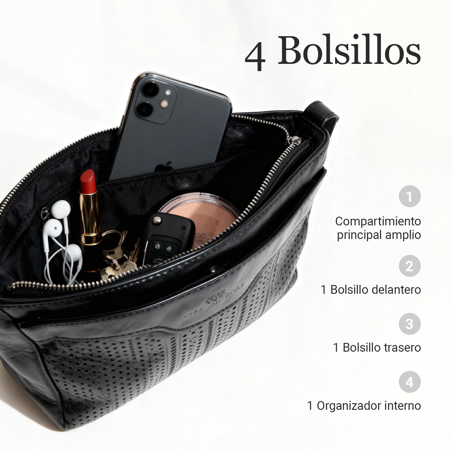 Laura Valle Bolso Bandolera Mujer Mediano Modelo Bella – Bolso Piel Auténtica Mujer Con Filigrana Repujada, Cremalleras Seguras y Múltiples Compartimentos Para Uso Diario Y Oficina