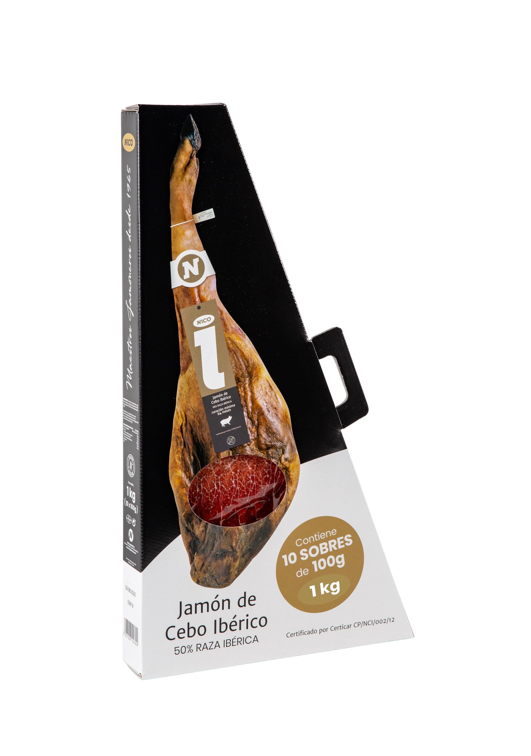 NICO JAMONES - PACK LONCHEADO JAMÓN DE CEBO IBÉRICO 50% raza ibérica. 10 sobres de 100 gr. Exquisito sabor para un paladar gourmet.