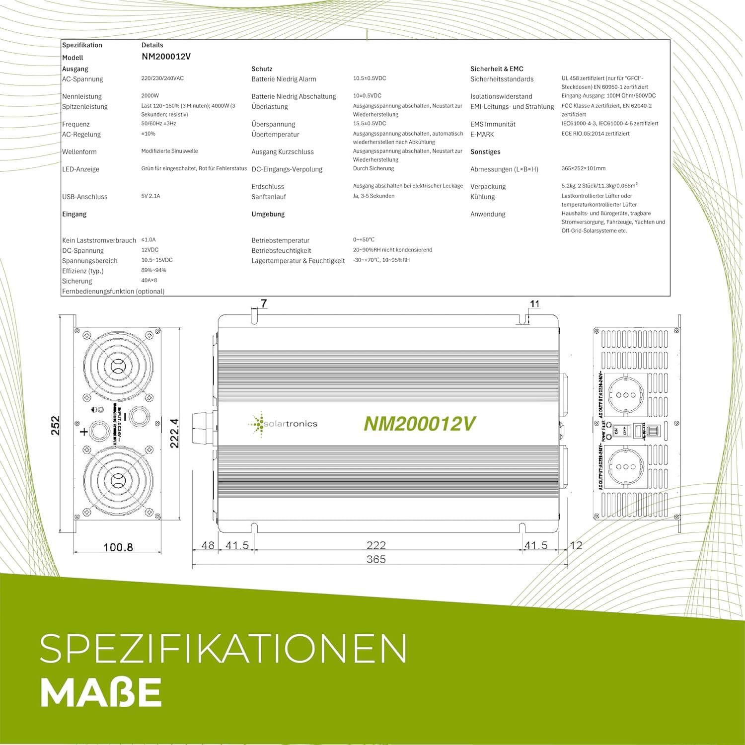 SOLARTRONICS Spannungswandler NM2000 12V 2000 Watt SCHWARZ - 4000 Watt Spitzenleistung - Wechselrichter 12v auf 230v - Blei- oder AGM-Batterie kompatibel - mit Schuko- & USB Anschluss