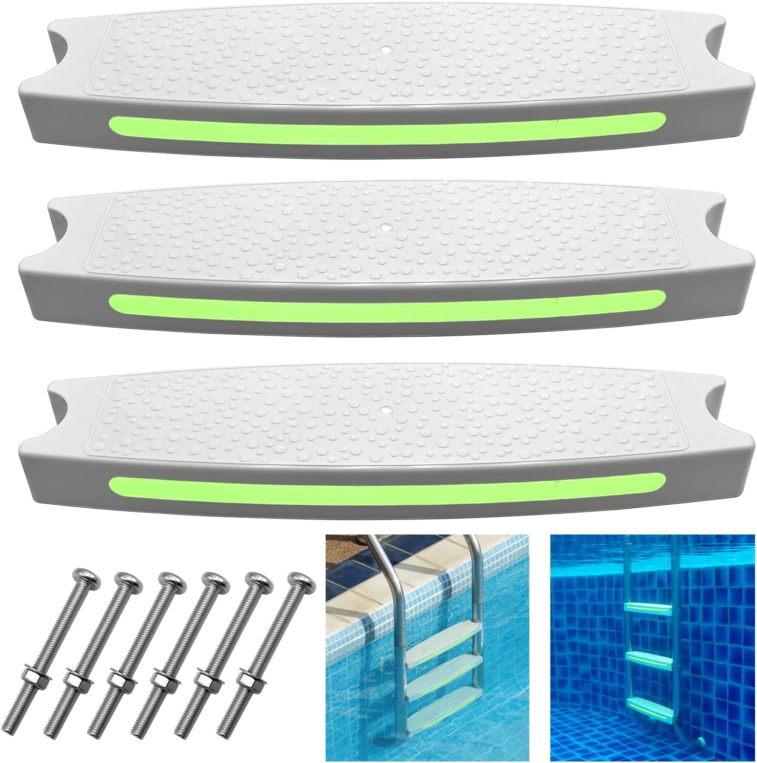Pool Ladder Steps Replacement, 18" Universal Heavy Duty Pool Ladder Steps, Swimming Pool Ladder Steps for Inground Pools & Above Ground Pool with 6 PCS Bolts and 3 Reflective Strips (3 Pack)