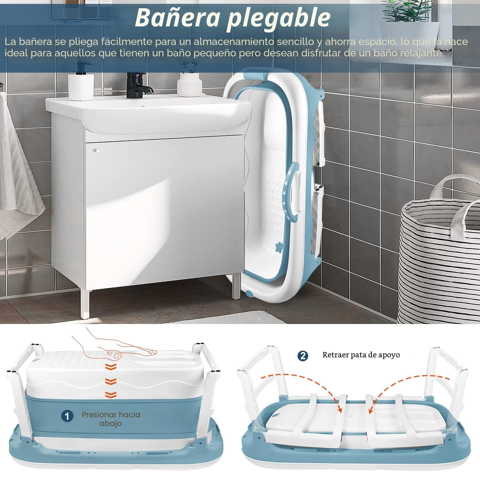 LILIIN Bañera plegable para adultos 112 x 62 x 52 cm, Bañera plegable portátil con asiento, bañera de baño con cubierta y rodillos de masaje, jabonera, bañera portátil de plástico grueso - Azul