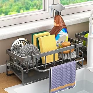Kitchen Sink Caddy Organiser with Self Draining Tray, Sponge Holder for Kitchen Sink with Brush Holder, Dish soap Holder, Kitchen Sink Accessories Made of Carbon Steel