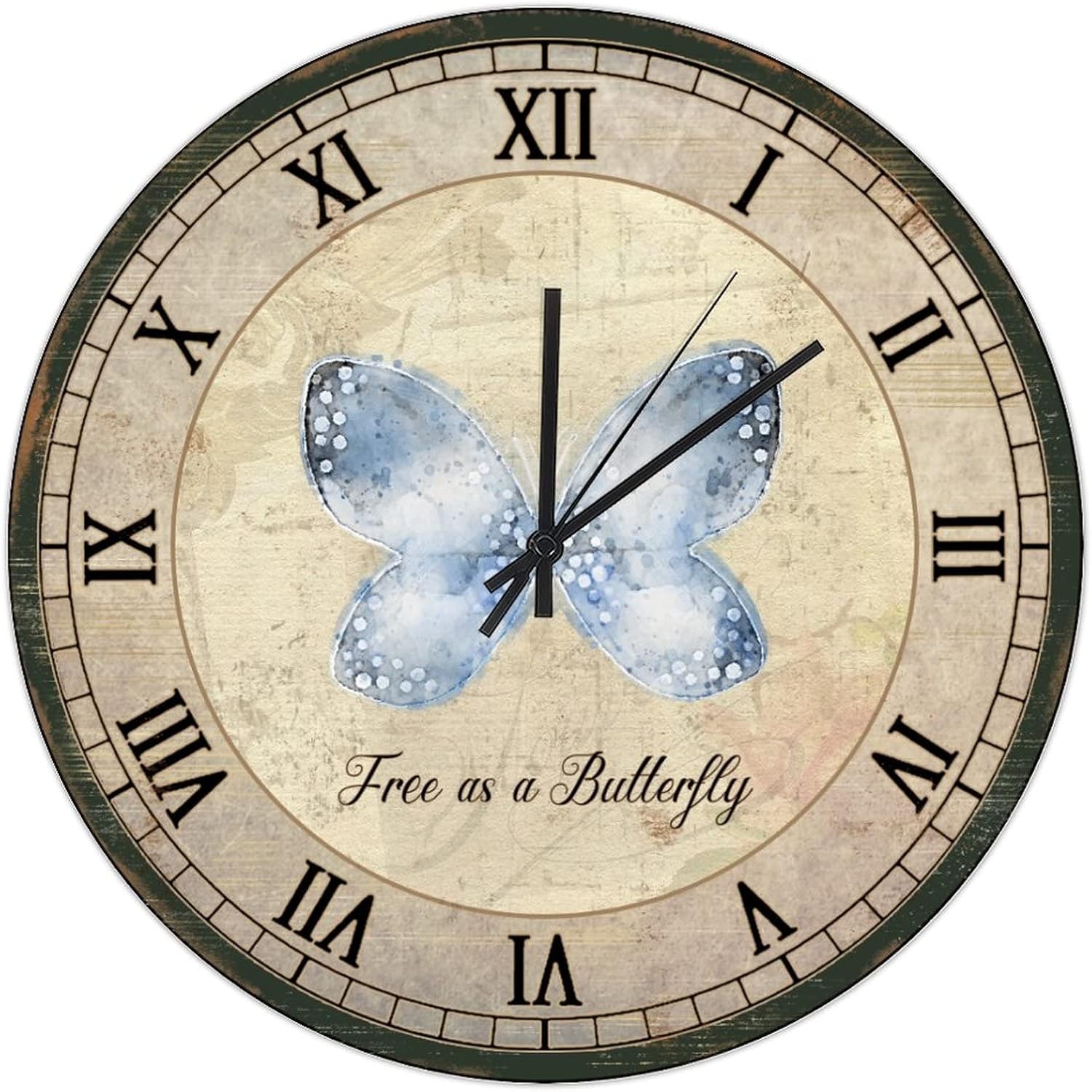 UFunhome 12-Inch Wall Clocks Free As A Butterfly Butterfly Light Blue Round Battery Operated Retro Wooden Clocks Silent Non Ticking Roman Numeral Wall Decor for Farmhouse Kitchen Bedroom Bathroom