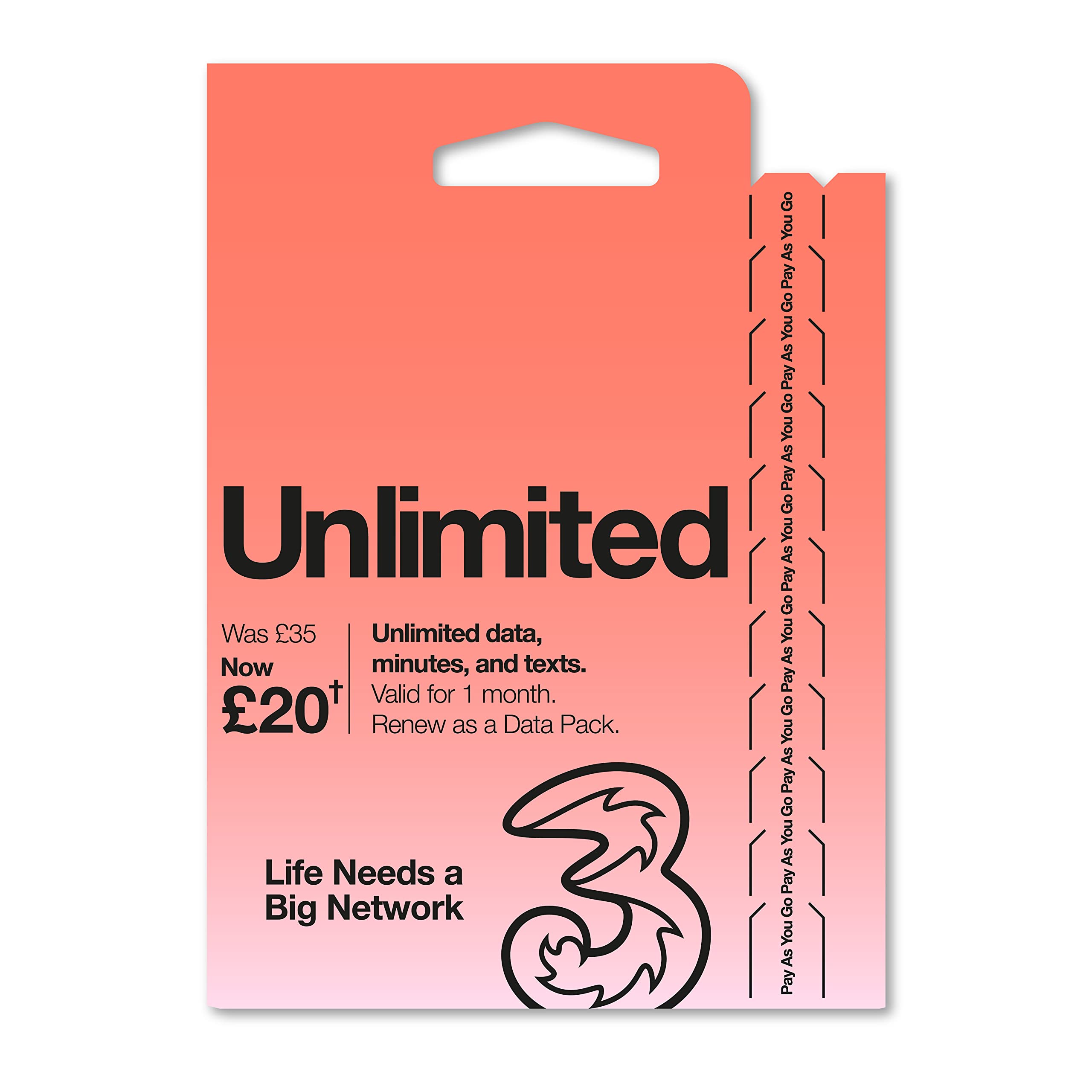 Three Mobile Unlimited Pay As You Go SIM - Save £15 with our Go Unlimited Sale.