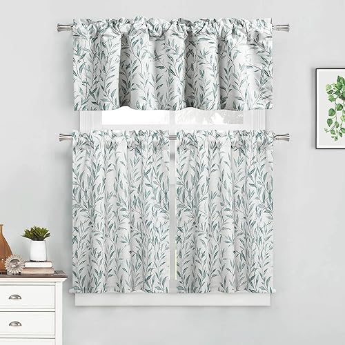 VOGOL Juego de 3 cortinas semitransparentes para cocina, cortinas de ventana con hojas verdes para filtrar la luz, volante y cenefa para comedor de