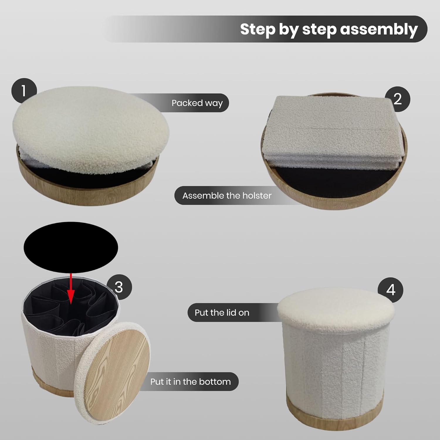 Collapsible Boucle Storage Ottoman with Lid, Multifunctional Foldable Pouf Sherpa Foot Rest Stool, Sturdy Seat with Wooden Base, Round Coffee Table for Living Room and Bedroom Storage for Dorm (Grey)