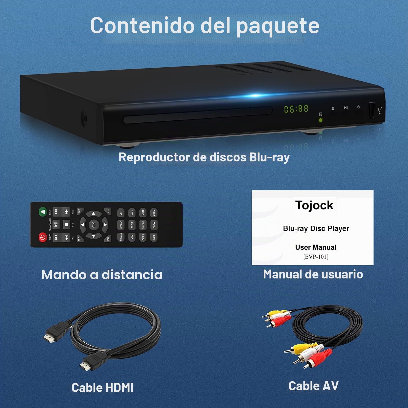Reproductor de DVD Blu-Ray para TV, Tojock 1080P HD reproductor de DVD con cables HDMI AV incluidos, reproductor de discos libres de región