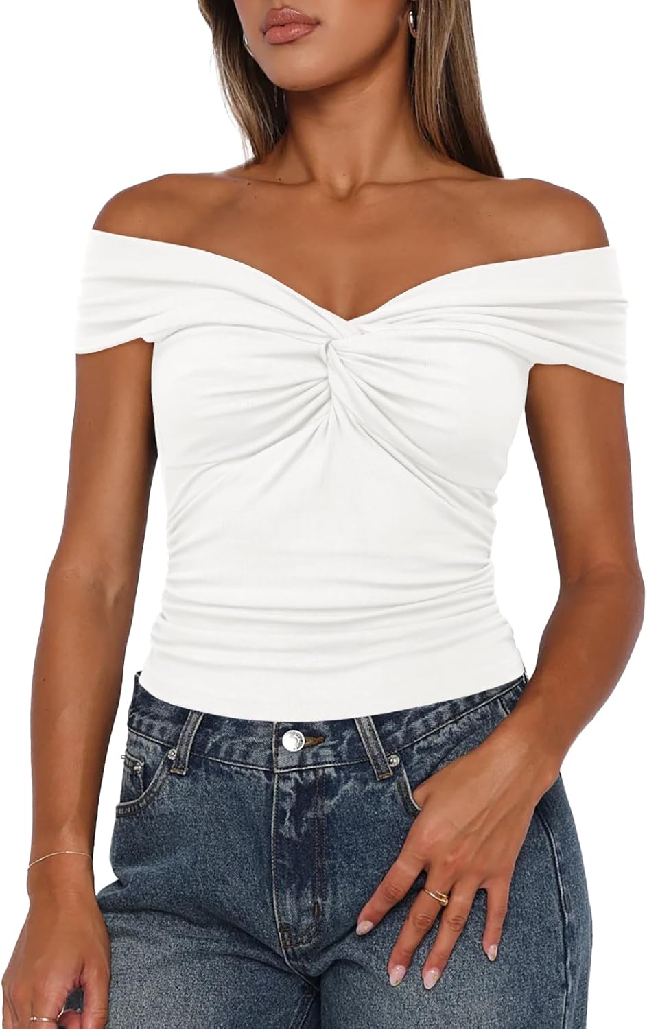 Darong Women Summer Twist Knot Front Off The Shoulder Tank Tops Cap Sleeve Going Out Shirts Slim Fitted Y2K Outfits