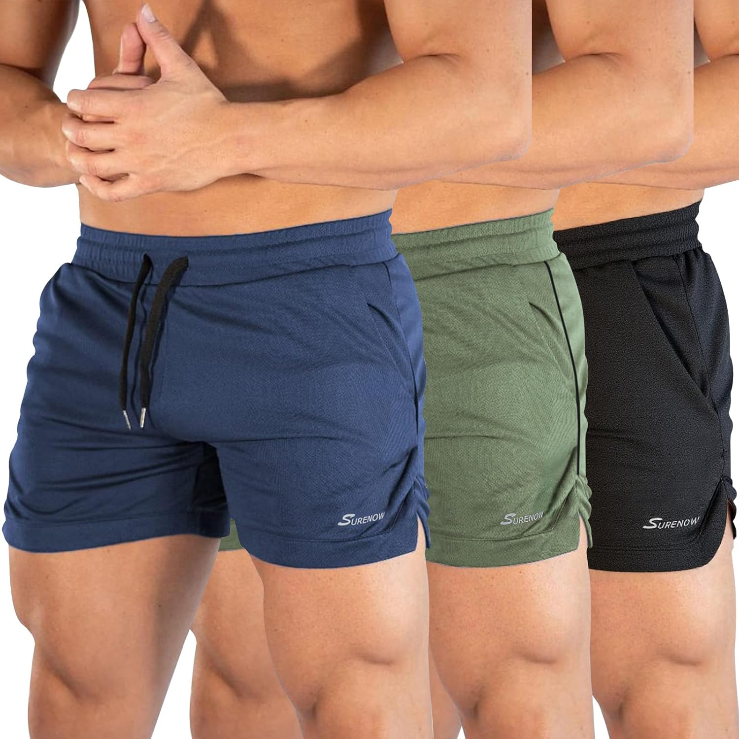 Surenow 3 Pack Mens Running Gym Shorts Quick Dry Workout Lightweight Shorts 3 Inch Breathable Athletic Shorts with Pockets