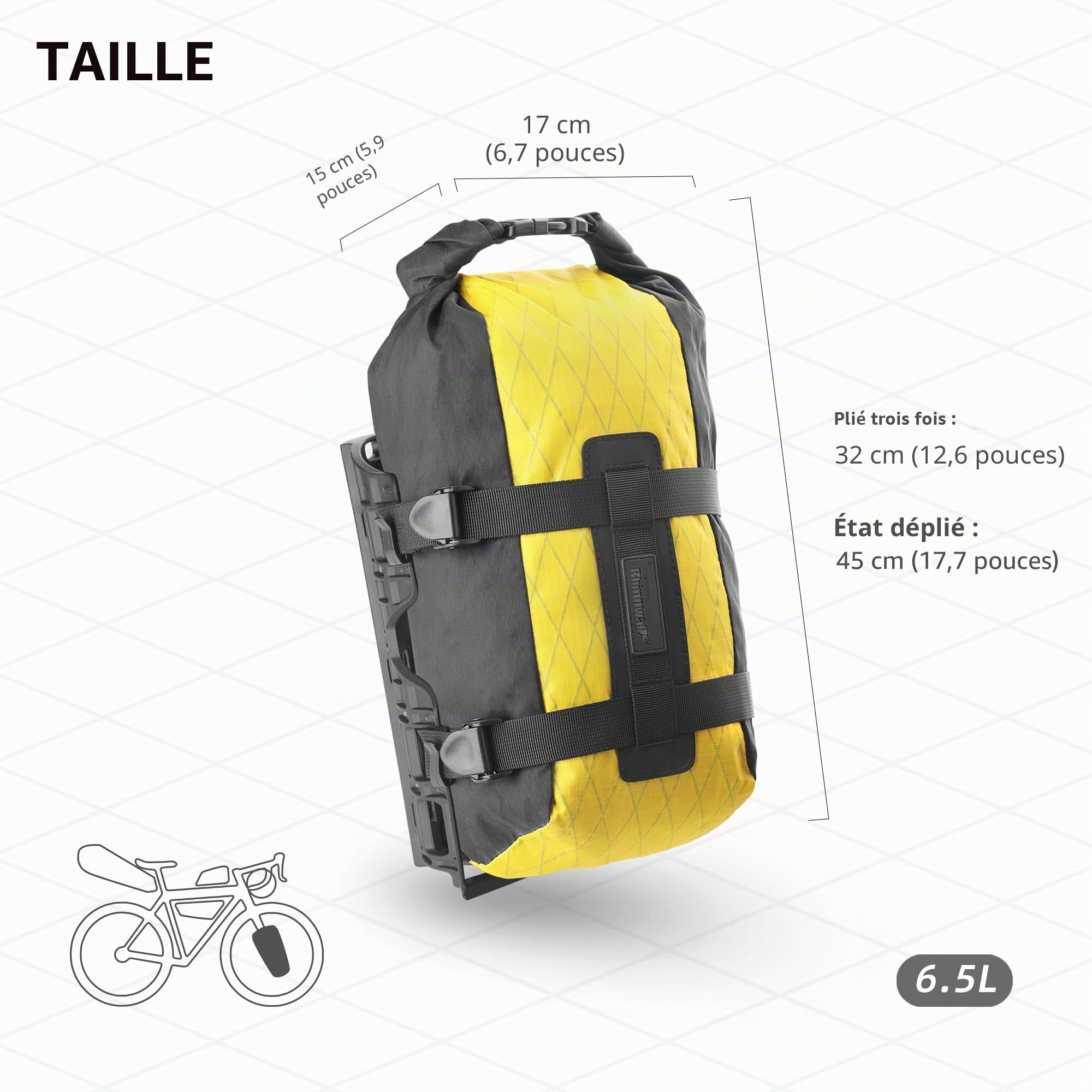 Rhinowalk Sacoche de fourche de vélo, 6,5 l, étanche, avec fermeture par enroulement, montage avec vis ou sangles, sacoche de roue avant robuste, pour VTT, gravel et touring, noire