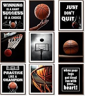 JBZZD 9Pcs Basketball Canvas Wall Art Inspirational Sport Theme Painting Picture Wall Decor Black White Motivational Quotes Poster Print Artwork for Teen Boys Kids Room Decor Unframed 8x10in