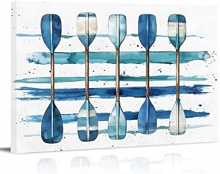 Rullikatlyi Lake Paddles Wall Decor for Living Room Bedroom, Summer Watercolor Teal Blue Striped Bathroom Canvas Wall Art Aesthetic Modern, Kitchen Office Wood Oil Painting Pictures Decor 12"x8"