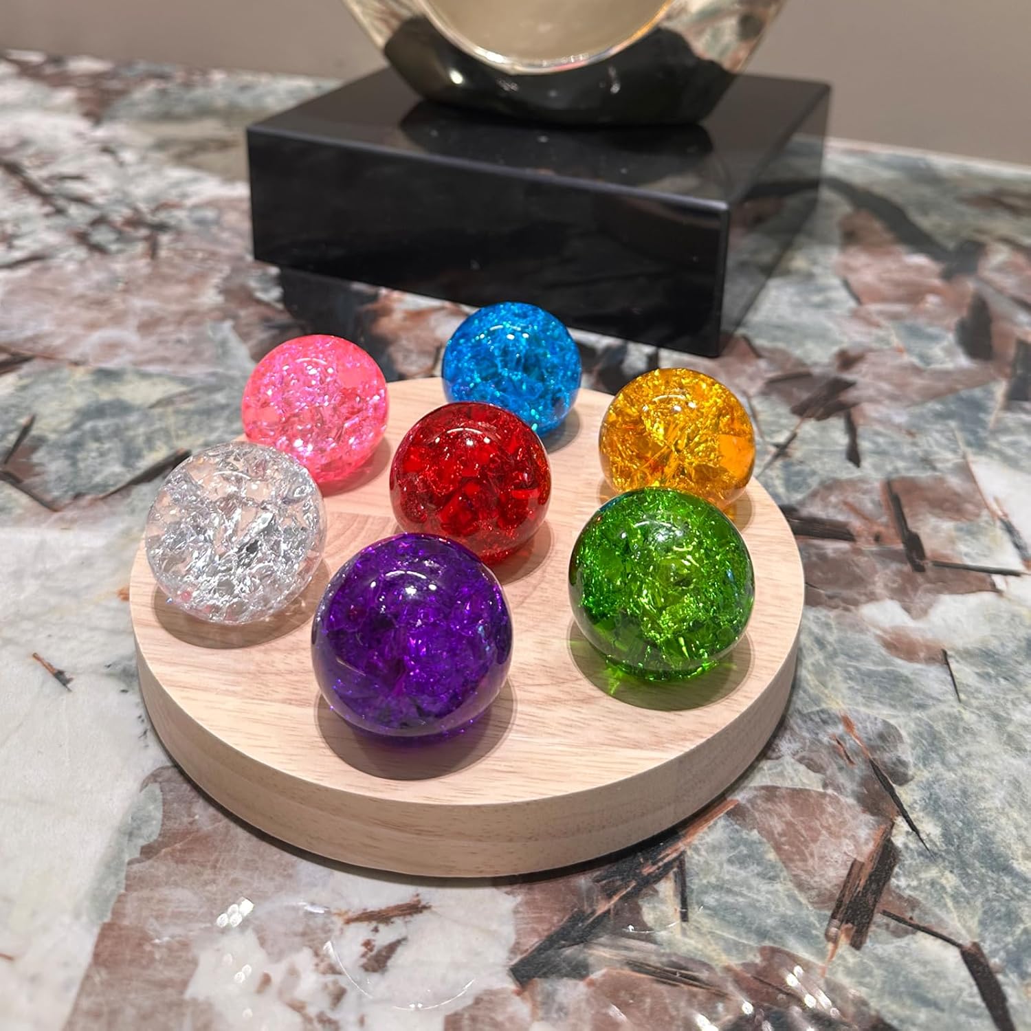 Crystal Crackle Ball with Round LED Base – 7 Color Changing Light Sphere for Healing, Reiki, Chakra Meditation, Night Lamp & Zen Home Decoration Gift(Round)