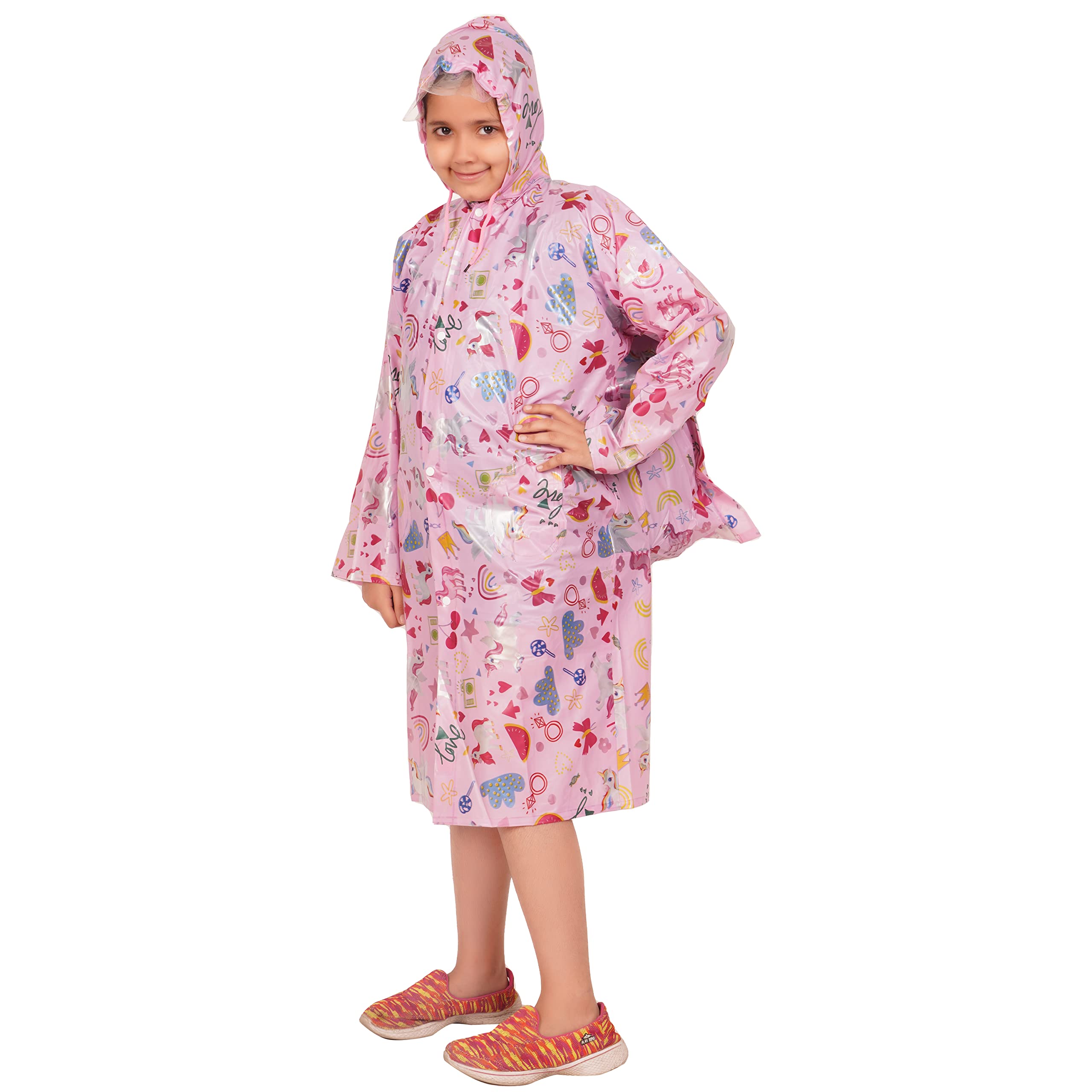 CHACKO Raincoat for Kids, Polyester Raincoat for School Boys & Girls with Hood, Pockets and School Bag Coverage Bright Color_Pink,9-10 Year - Image 3 thumbnail