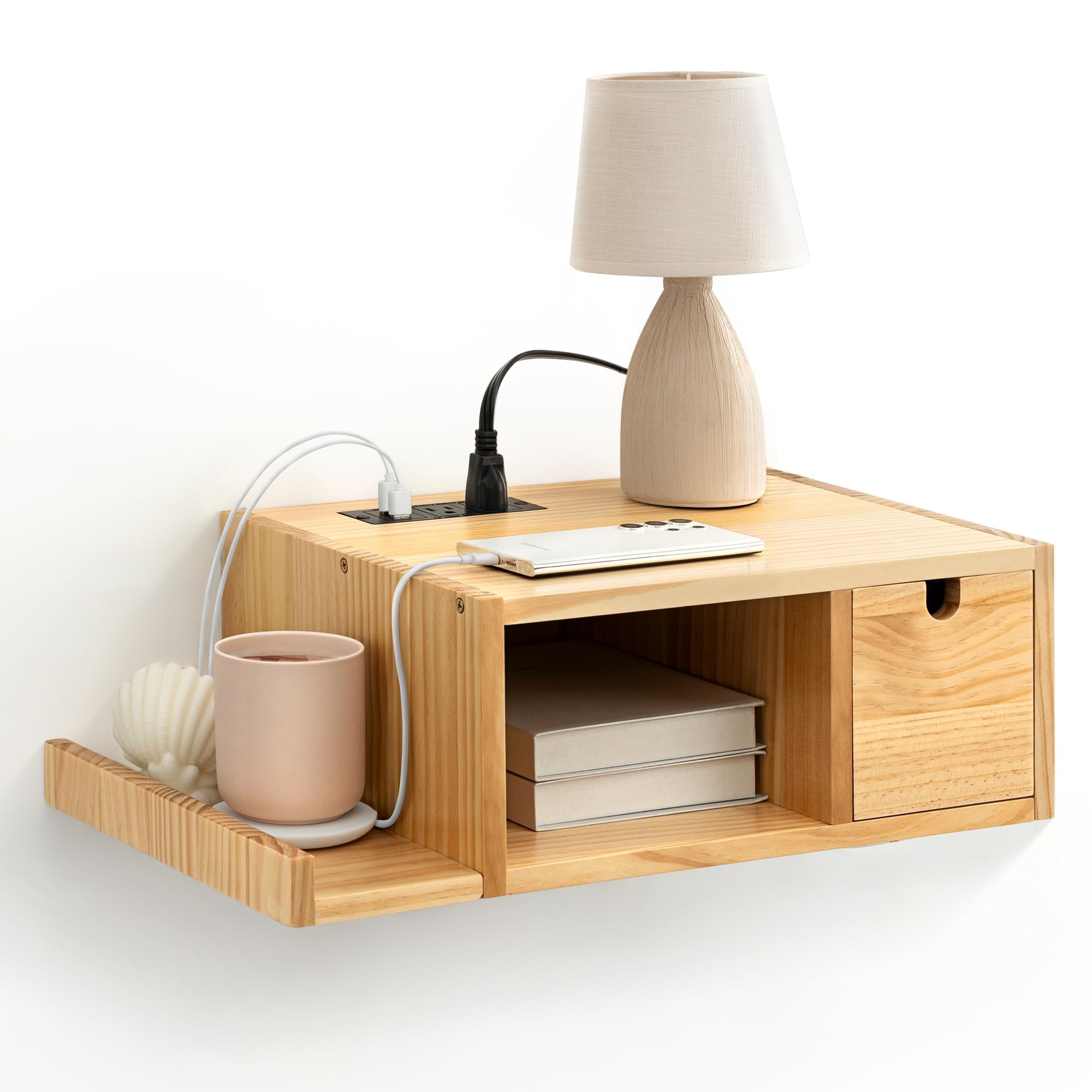 Mesita de noche flotante con estación de carga, moderna mesita de noche con cajón montado en la pared, mesita de noche pequeña de madera maciza, estante de mesa auxiliar para dormitorio