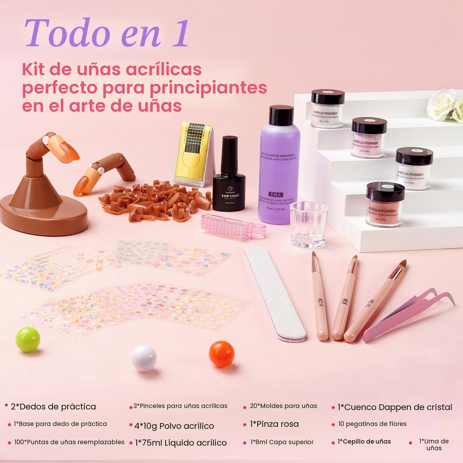 Polvo Acrilico Para Uñas: 4 Colores Acrílico En Polvo Set 2 Dedos Ejercicio Ajustables Con 100 Puntas De Uñas/3 Lápices De Arte De Uñas/Pegatinas Florales/Archivo De Uñas Profesional Kits Completo