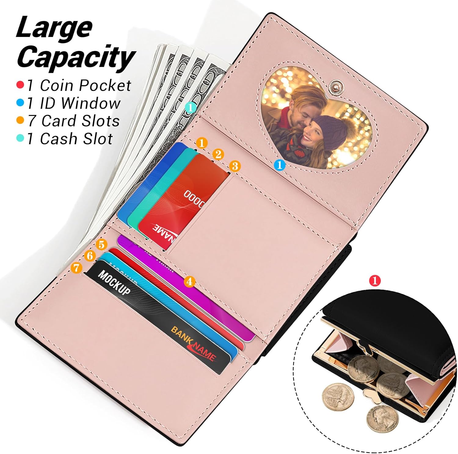 YINHEXI Wallet for Women, Cute Wallet Card Holder, Small Trifold RFID Blocking Purse, Cute Small Leather Mini Short Purse with Coin Pocket for Girls, Ladies (Black) - Image 2