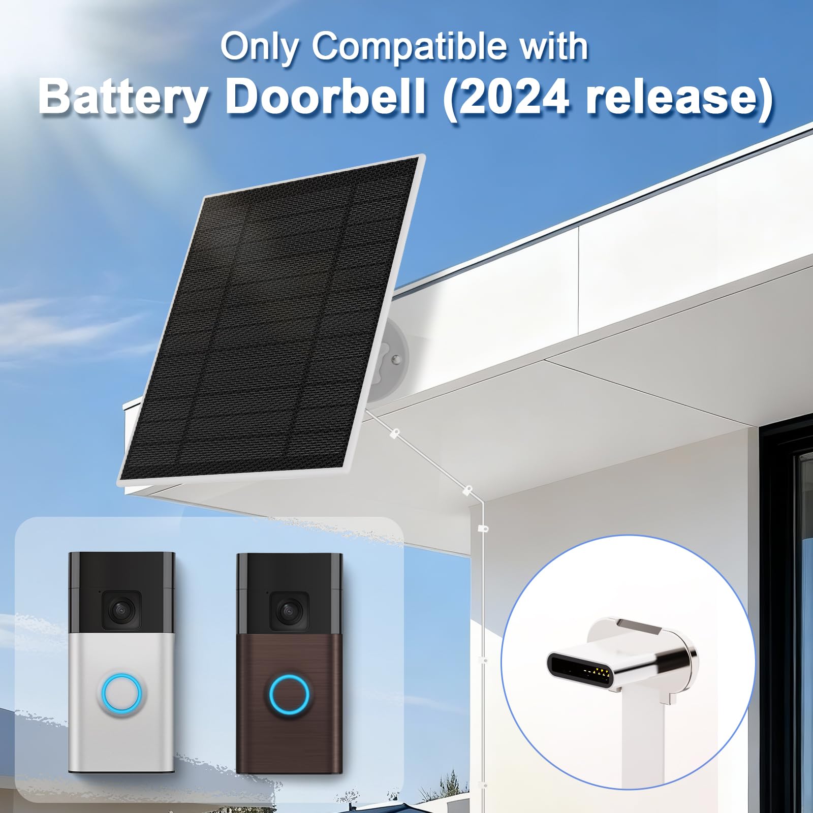 Solarpanel für Ring-Türklingel (2024), 6-W-Solarladegerät für batteriebetriebene Ring-Türklingeln, ultradünnes Solarpanel mit USB-C-Ladeanschluss und 4 m langem Ladekabel