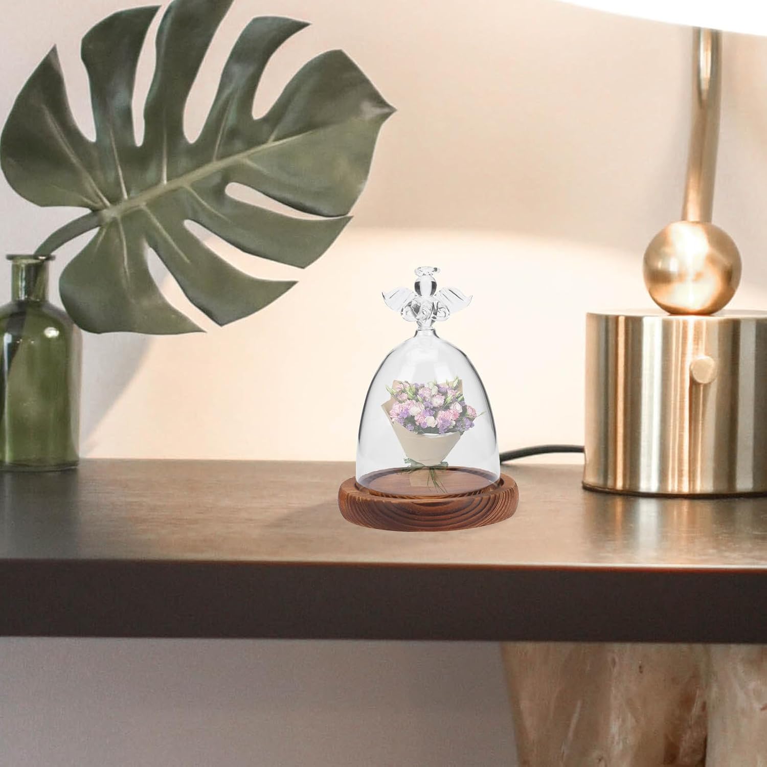 Glass Dome Angel Design Glass Cover with Wood Base, Portable Micro-Landscape Vase for Living Room and Office, Elegant Showcase Collectibles Display image 5