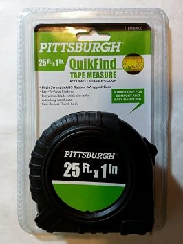 Pittsburgh QuikFind Tape Measure  25 Foot by 1 Inch, Easy to Read, High Strength ABS Rubber Wrapped Case Black with Orange Trim
