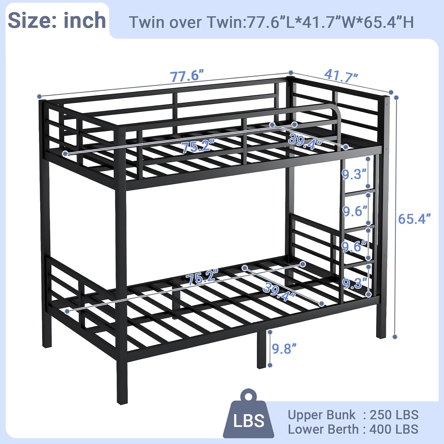 Twin Over Twin Bunk Bed, Metal Bunk Bed Frame Heavy Duty Bunk Beds Loft Bed Frame with Ladder and Guardrail Metal Slats No Box Spring Required for Adults Teens, Black