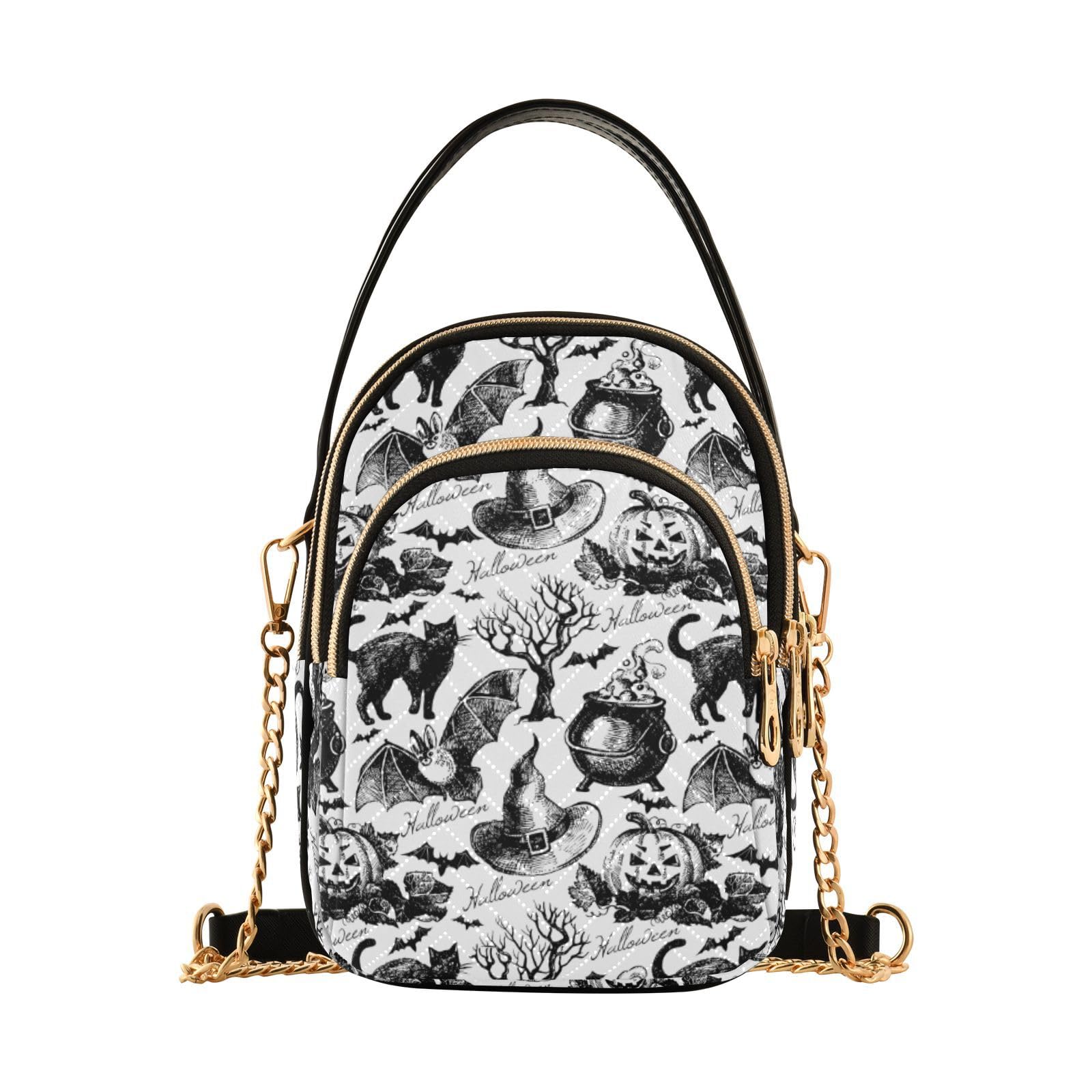 Yasala Halloween Cell Phone Purse Spooky Jack O Lantern Cat Bat Crossbody Handbag Durable Shoulder Bag Sturdy Travel Pouch Compact Chic Bag for Women Everyday Use Day of The Dead Holiday Gift