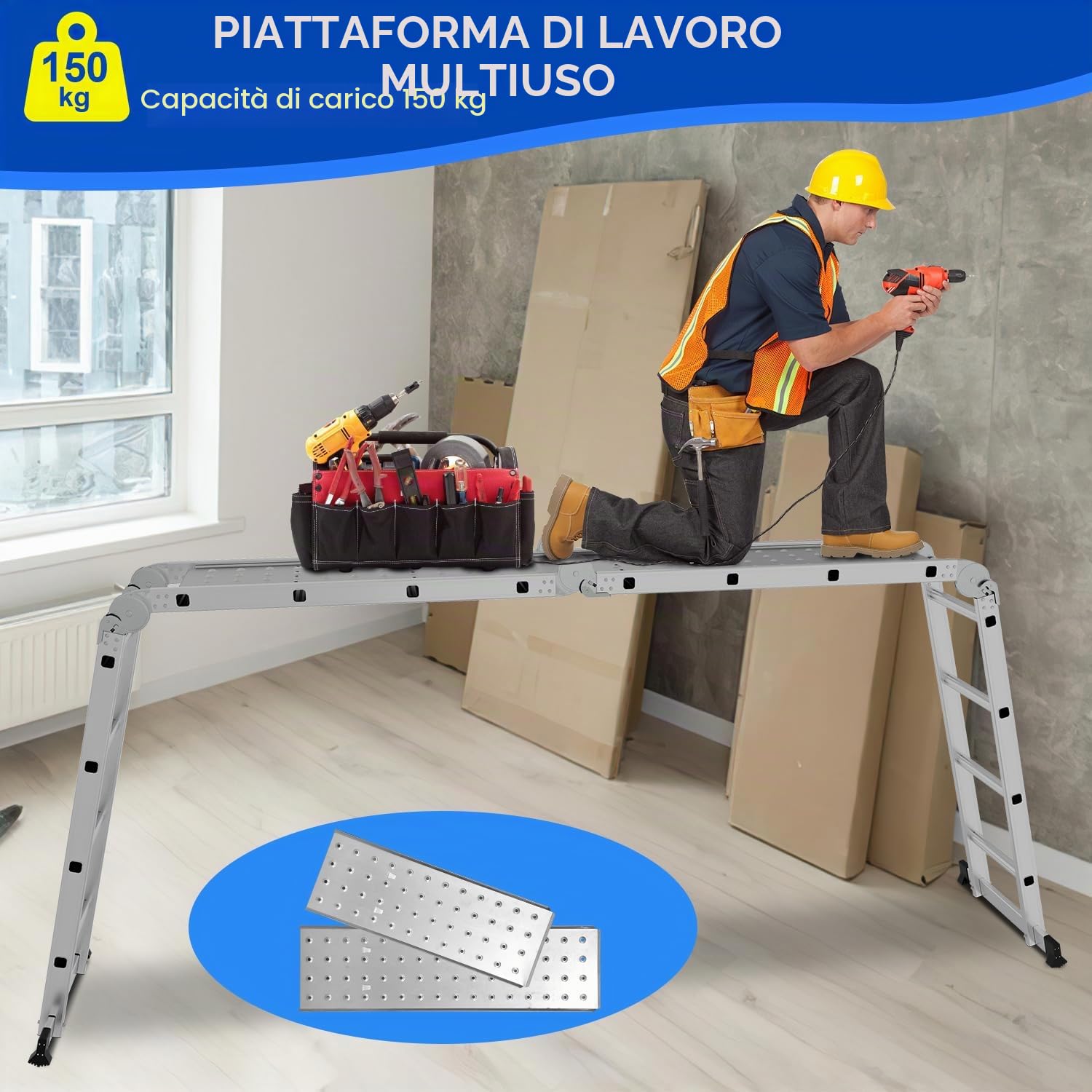 Sonnewelt Scala Multiuso in Alluminio 4x5 Gradini - 5,8 m Con Piattaforma e 2 Ponteggi - Pieghevole, 20 Gradini, Fino a 150 kg, Argento