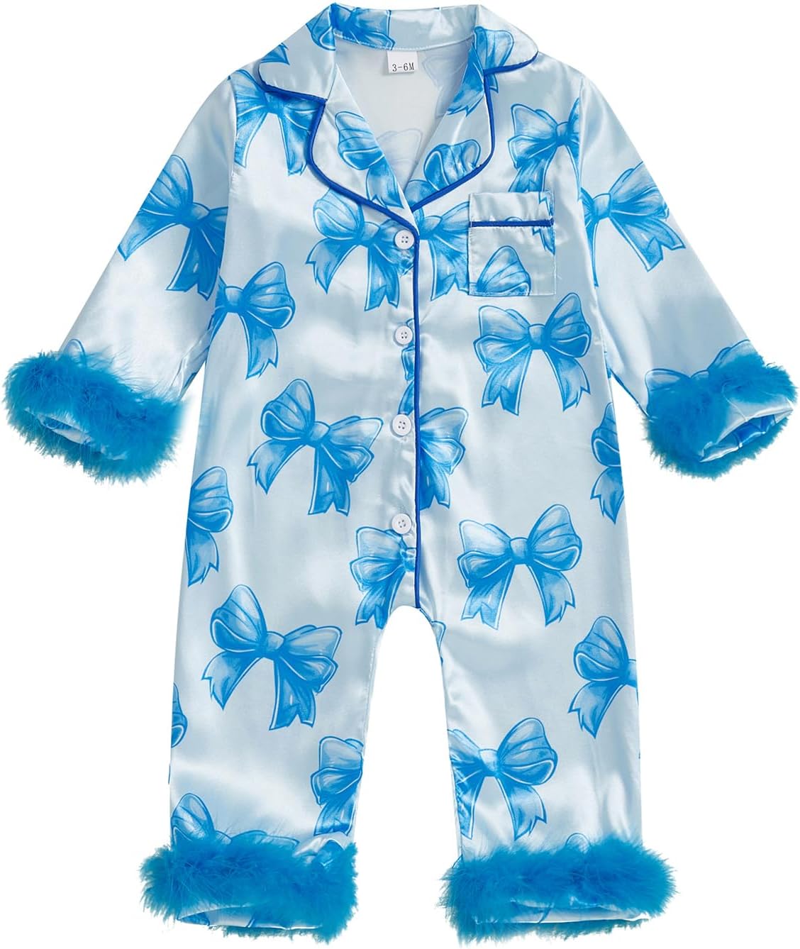 woshilaocai Baby Girl Silk Pajamas Bow Feather Trim Sleeve Button Down Romper Overall Jumpsuit Newborn Satin Pjs Nightgown