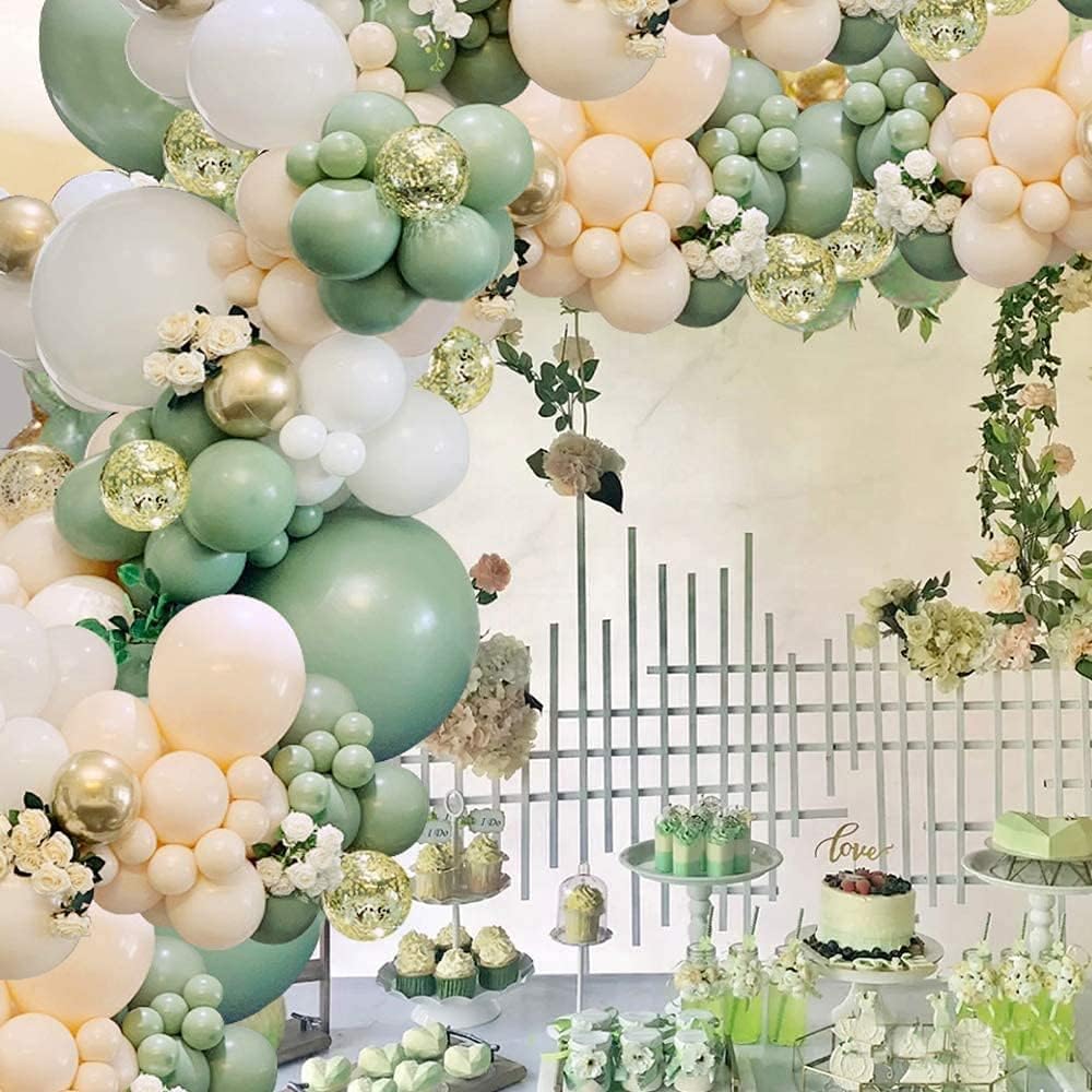 QIFU Green and White Balloon Arch Kit-108pcs White and Green Balloons Garland with Sage Green Cream Balloon Gold Confetti Balloons for Gender Reveal Baby Shower Birthday Decoration Engagement Wedding - Image 4