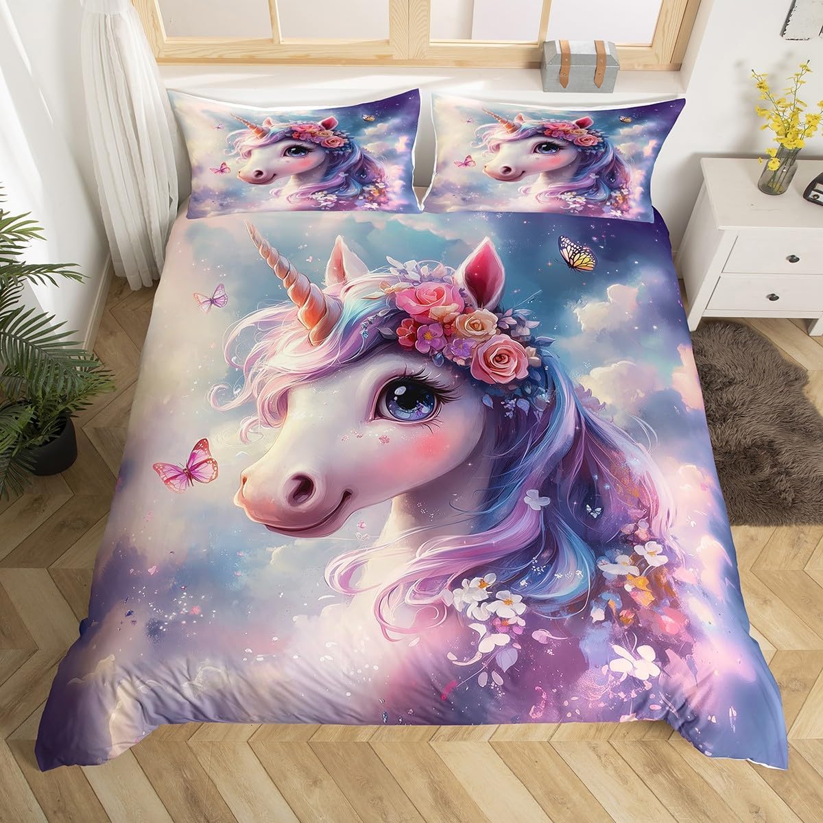 Purple Unicorn Duvet Cover Set Toddler Size,Flowers Butterfly Bedding Set for Kids Boys Girls Room Decor,Dreamy Unicorn Comforter Cover,Cute Animals Quilt Cover with 1 Pillowcase(No Comforter)