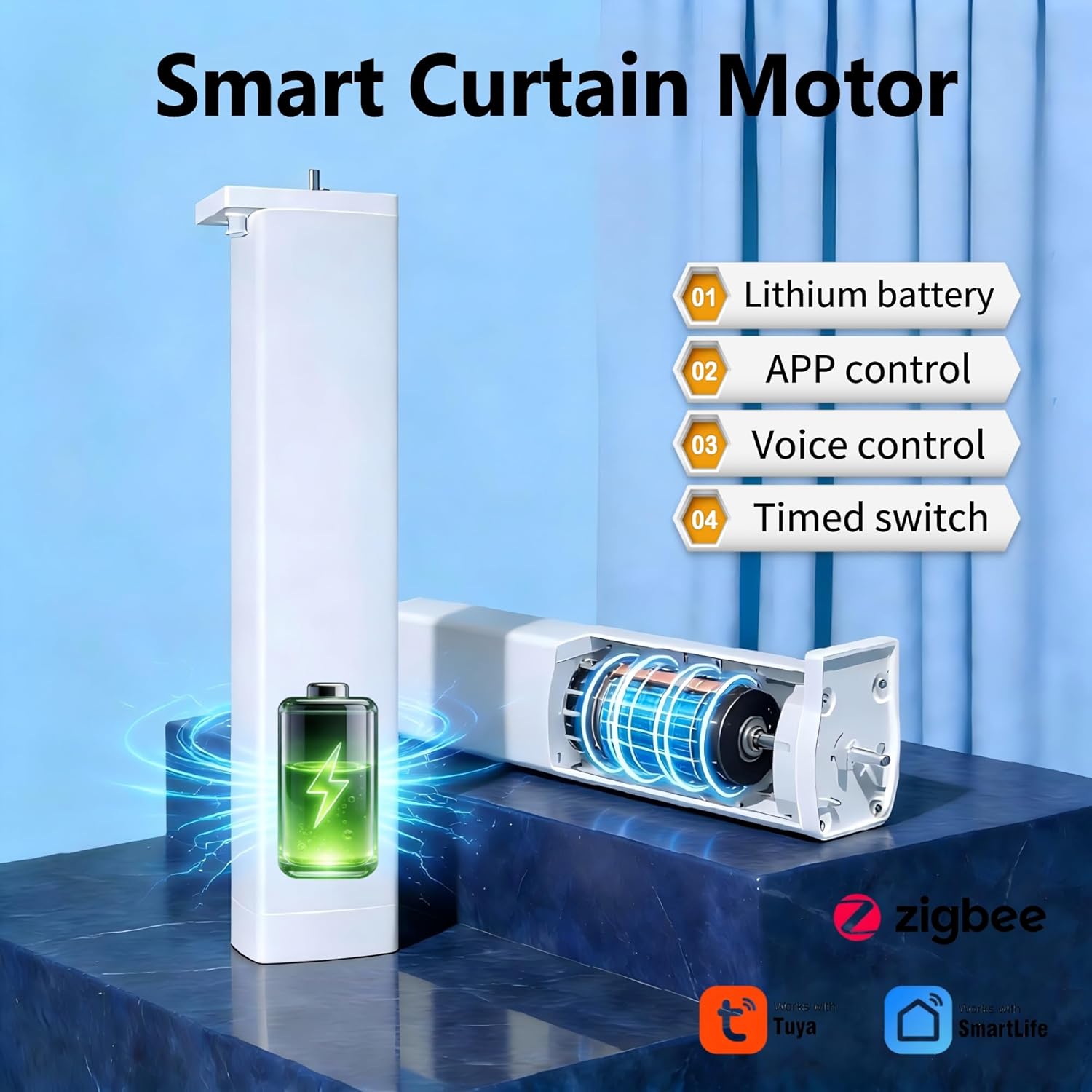 Zigbee Motor for Smart Curtain Track System, No Wiring Required, Automatic Ceiling Curtain Opener, Motorized Curtains with App, Voice, Compatible with Alexa,Google & Siri, Zigbee Gateway Required