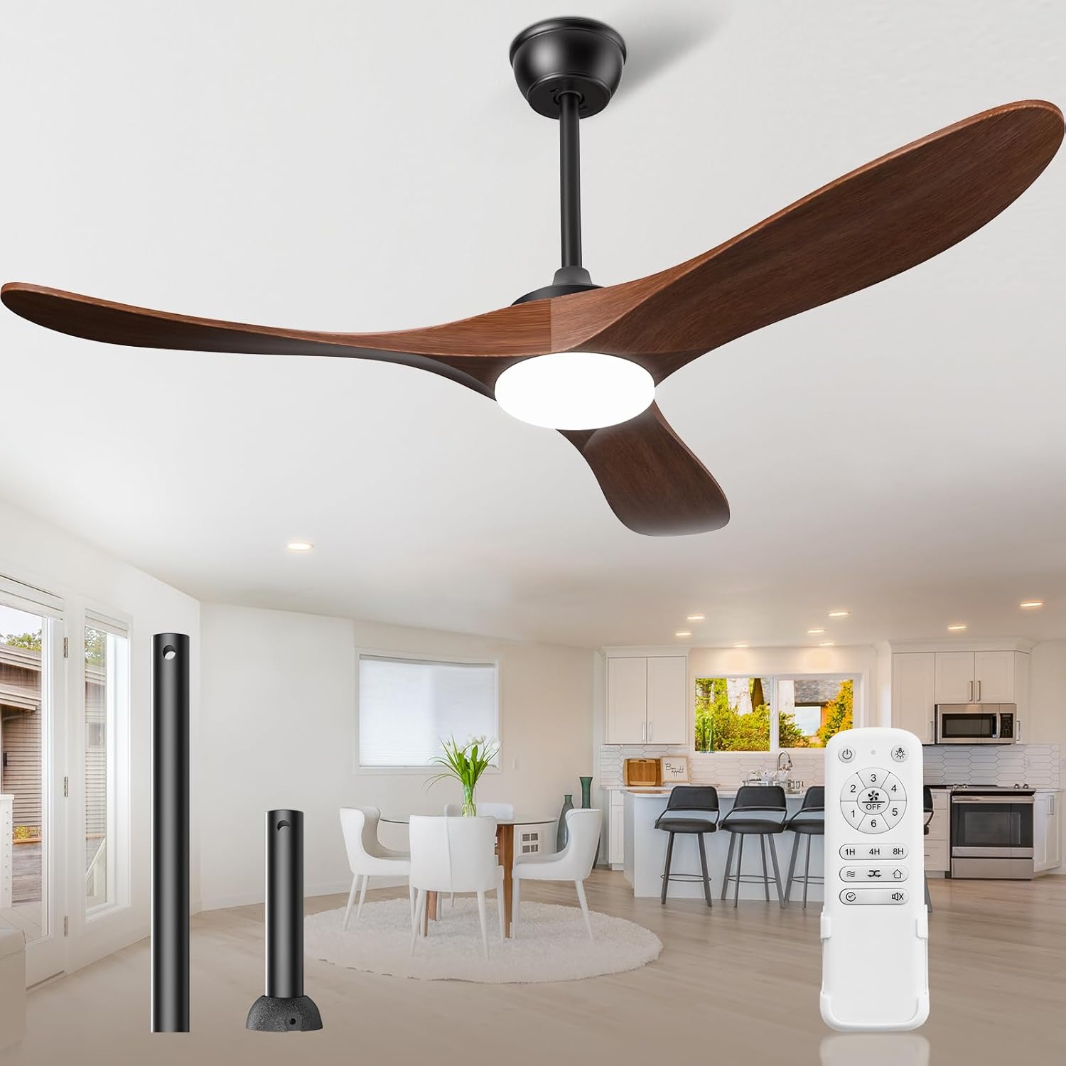 Ceiling Fans with Lights and Remote, 3 Solid Wood Blades, Outdoor Wooden Ceiling Fan with 2 Downrods for Patios, 52 Inch Modern Ceiling Fan with Noiseless Reversible DC Motor