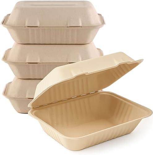 EcoQuality [Paquete de 200 recipientes de alimentos compostables de 6 x 9 x 3 pulgadas con cáscara de almeja compostable – bagazo de caña de azúcar,