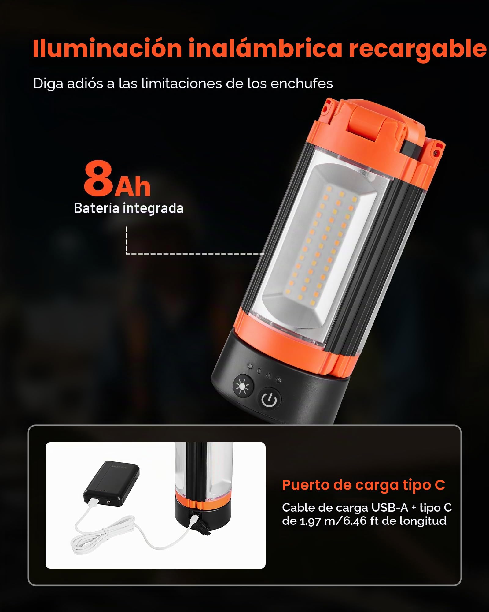 VEVOR Luz de Trabajo LED con Trípode 8 Ah, Foco Recargable de Trabajo con 3 Cabezales, Recargable, Inalámbrica, 2200 Lúmenes, 3000 K-6500 K, Iluminación Portátil para Obras de Construcción, Camping