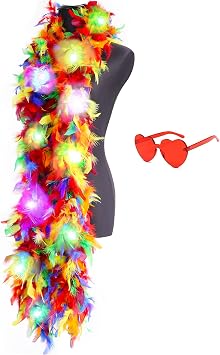 Colorful Feather Boas, 6.6ft Boa with 20 Color LED Lights for Women, Dancing, Wedding, Party, Halloween, with Heart Sunglasses