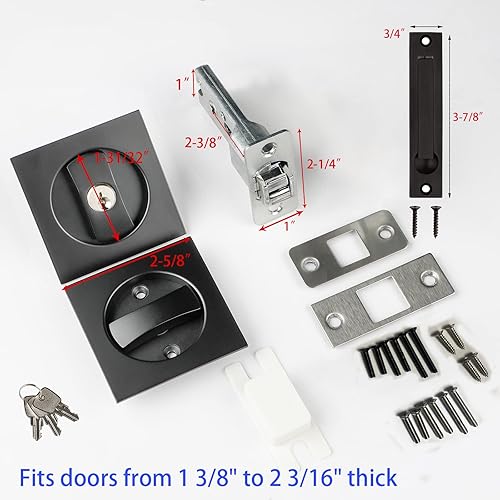 Miniatura 7 de Cerradura de puerta de bolsillo con tiradores de borde, cerradura de puerta corredera cuadrada de entrada contemporánea con llave, empotrada de 2