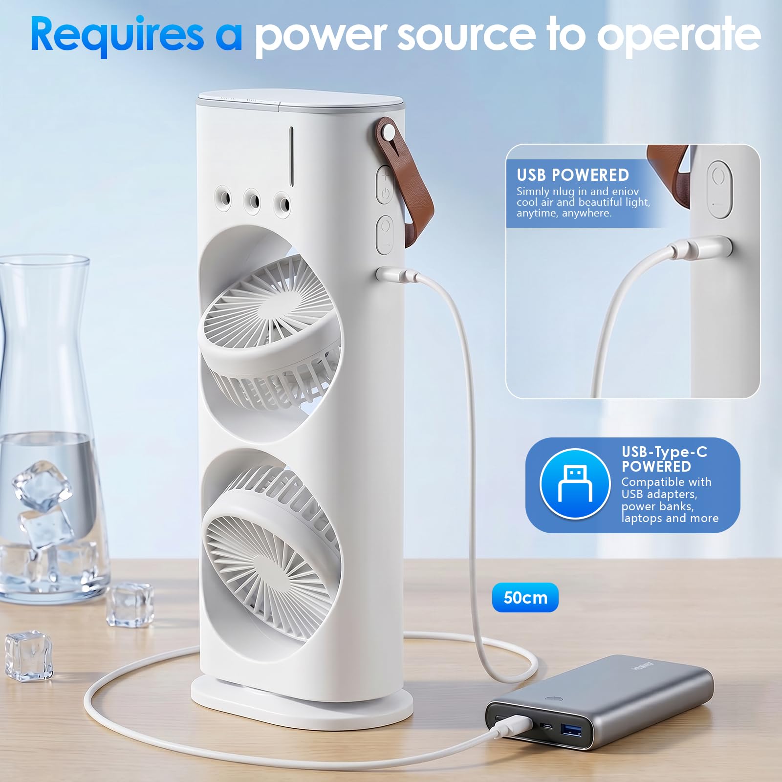 Mobile Klimaanlage 4 in 1, Luftkühler Ventilator USB, Mini Klimagerät mit 280ml Wassetank, Luftbefeuchter, LED -Licht, 3 Geschwindigkeiten, 3 Nebelmodi, Luftreiniger für Hause, Büro, Reisen