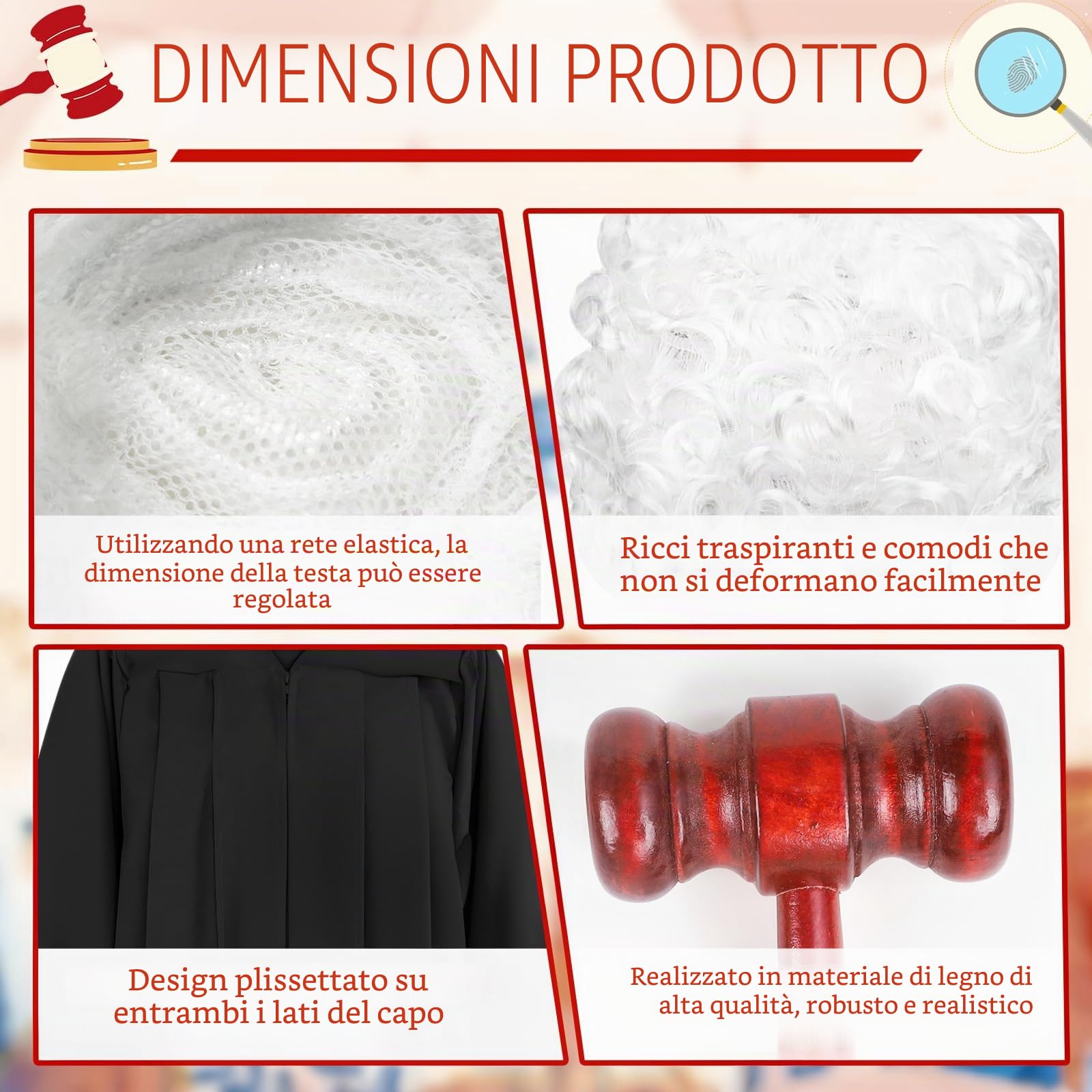 Set di Costumi da Giudice in 7 Pezzi per Adulti, Kit di Abbigliamento Elegante da Avvocato con Parrucca, Toga, Occhiali, Guanti, Martelletto, Collo e Spilla per Cosplay da Tribunale, Trucco e